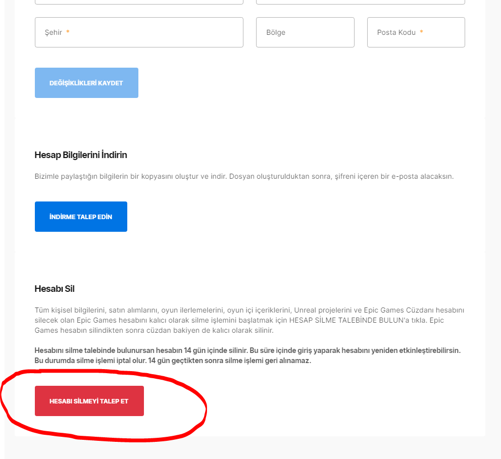 epic games hesap silme talebi